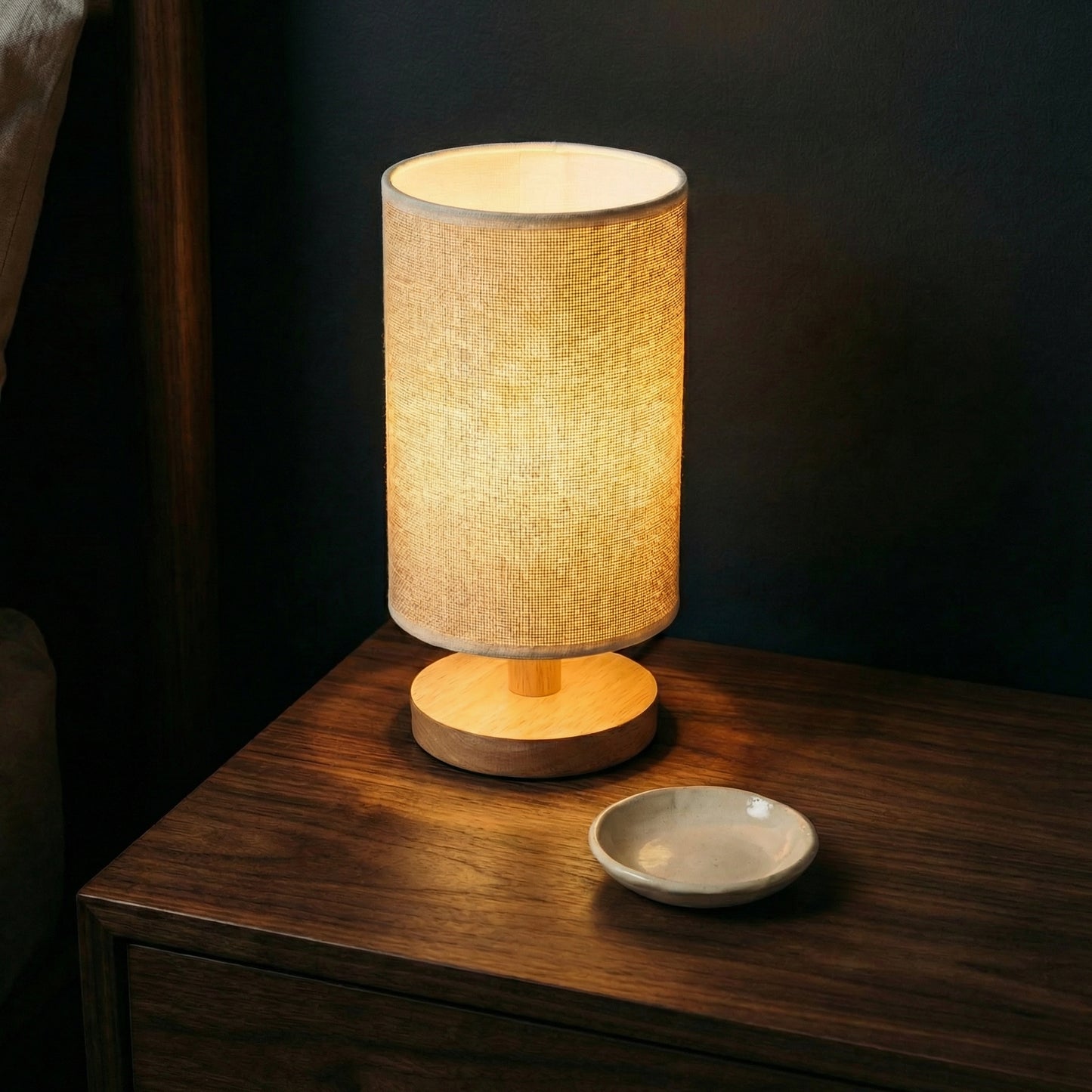 Dusklight Linen Table Lamp | Dimmable Warm Bedside Lamp with Wood Base