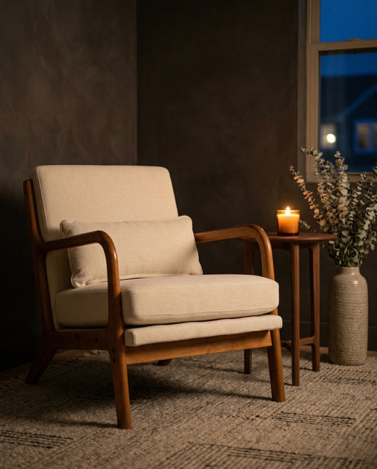 Dusklight Repose Accent Chair upholstered modern design in warm room