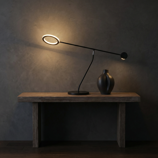 Dusklight Arc Table Lamp with curved minimalist metal design and warm LED