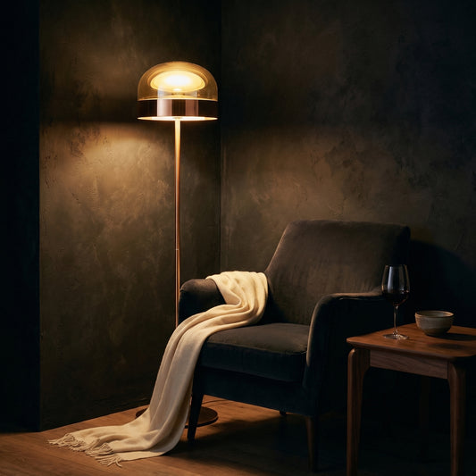 Amara Floor Lamp full-length view showing rose gold metallic stem