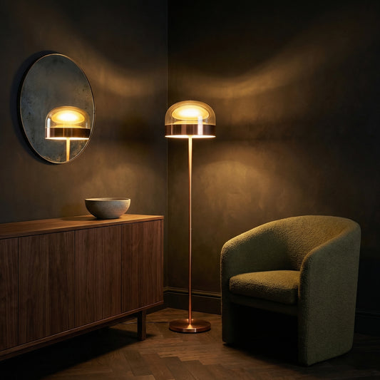Dusklight Amara Floor Lamp with champagne glass dome and rose gold stem