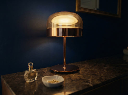 Dusklight Amara Table Lamp with champagne glass globe and rose gold base