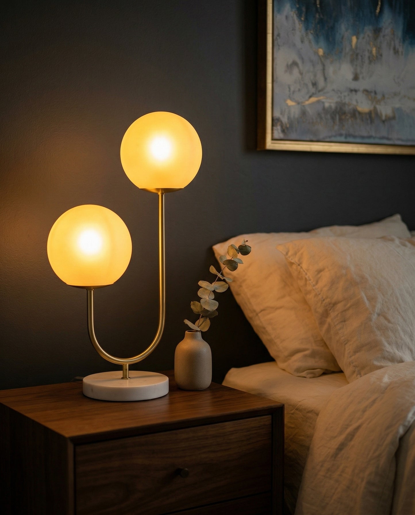Dusklight Duet Table Lamp styled in warm ambient modern room