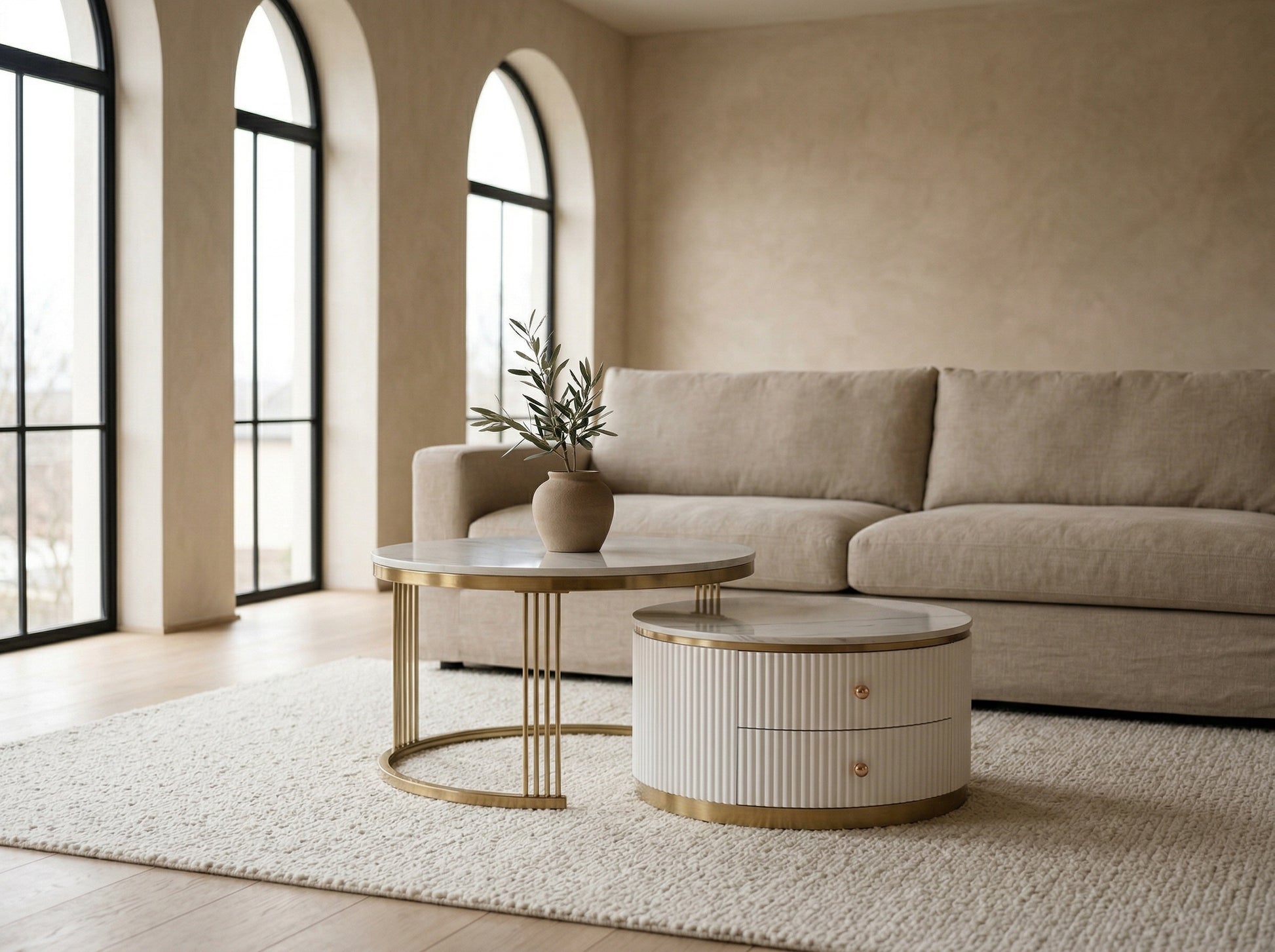 Orbit Nesting Tables stackable design with warm metallic gold finish