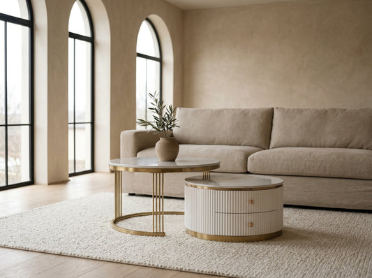 Orbit Nesting Tables stackable design with warm metallic gold finish