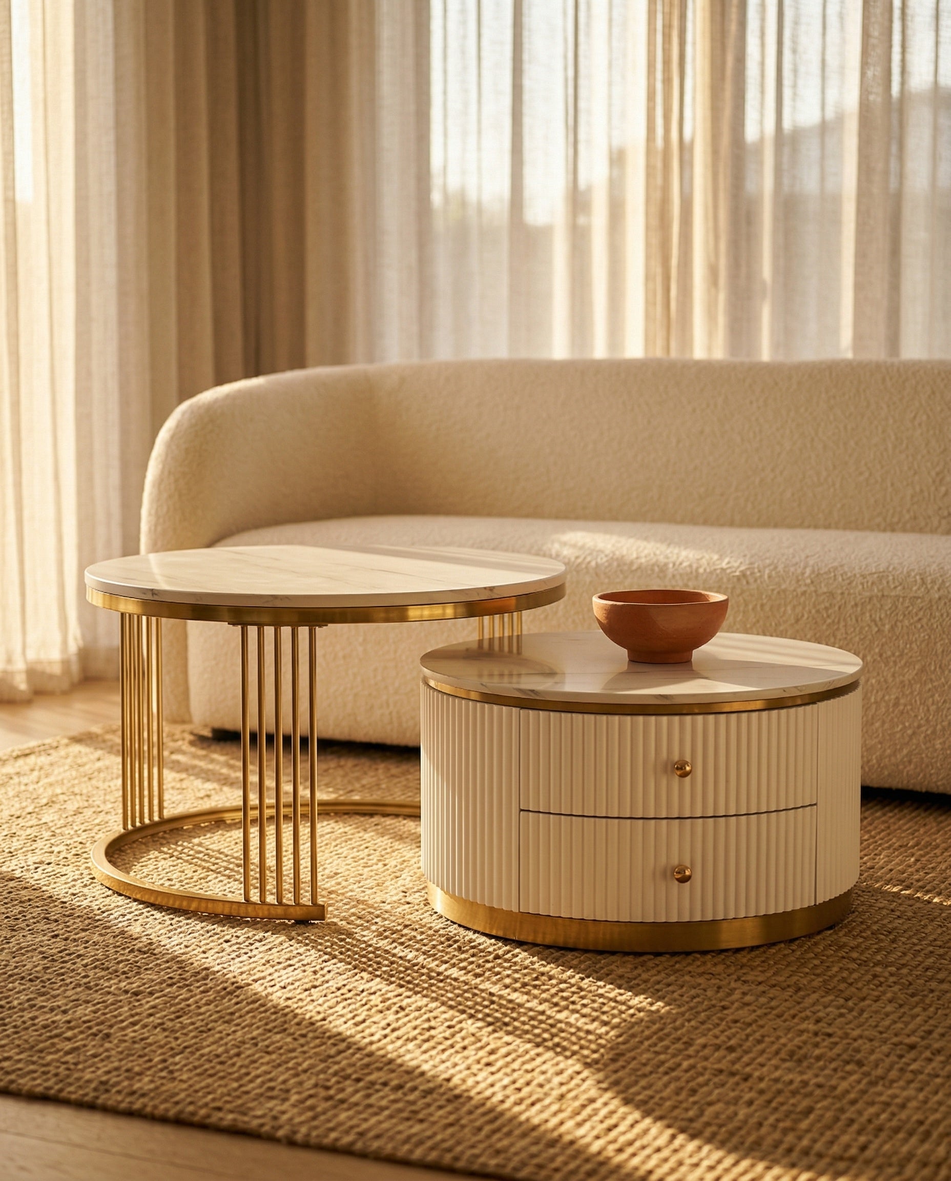 Dusklight Orbit Nesting Tables styled in warm minimalist living room