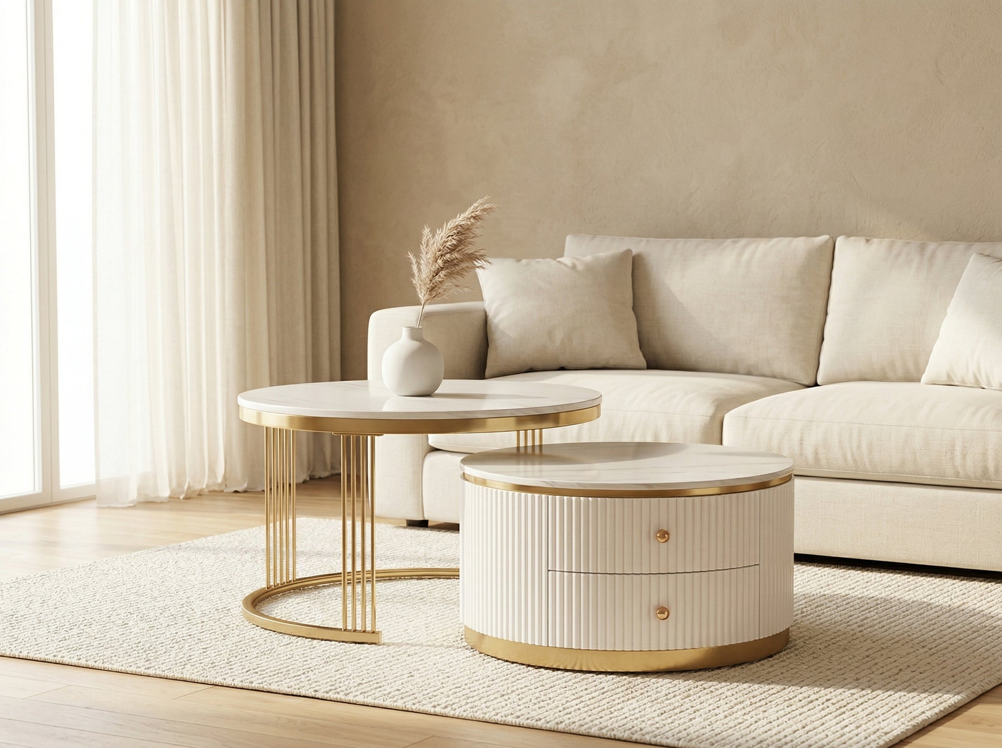 Orbit Nesting Tables gold accent tables in warm ambient interior