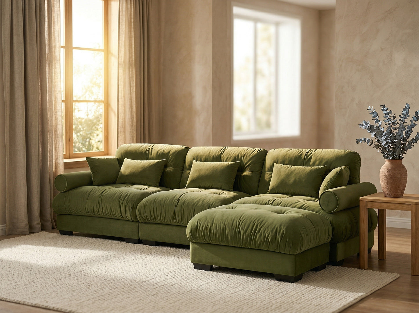Dusklight Solace Sectional with neutral throw and warm ambient tones
