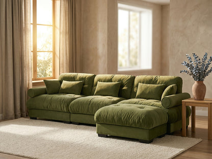 Dusklight Solace Sectional with neutral throw and warm ambient tones