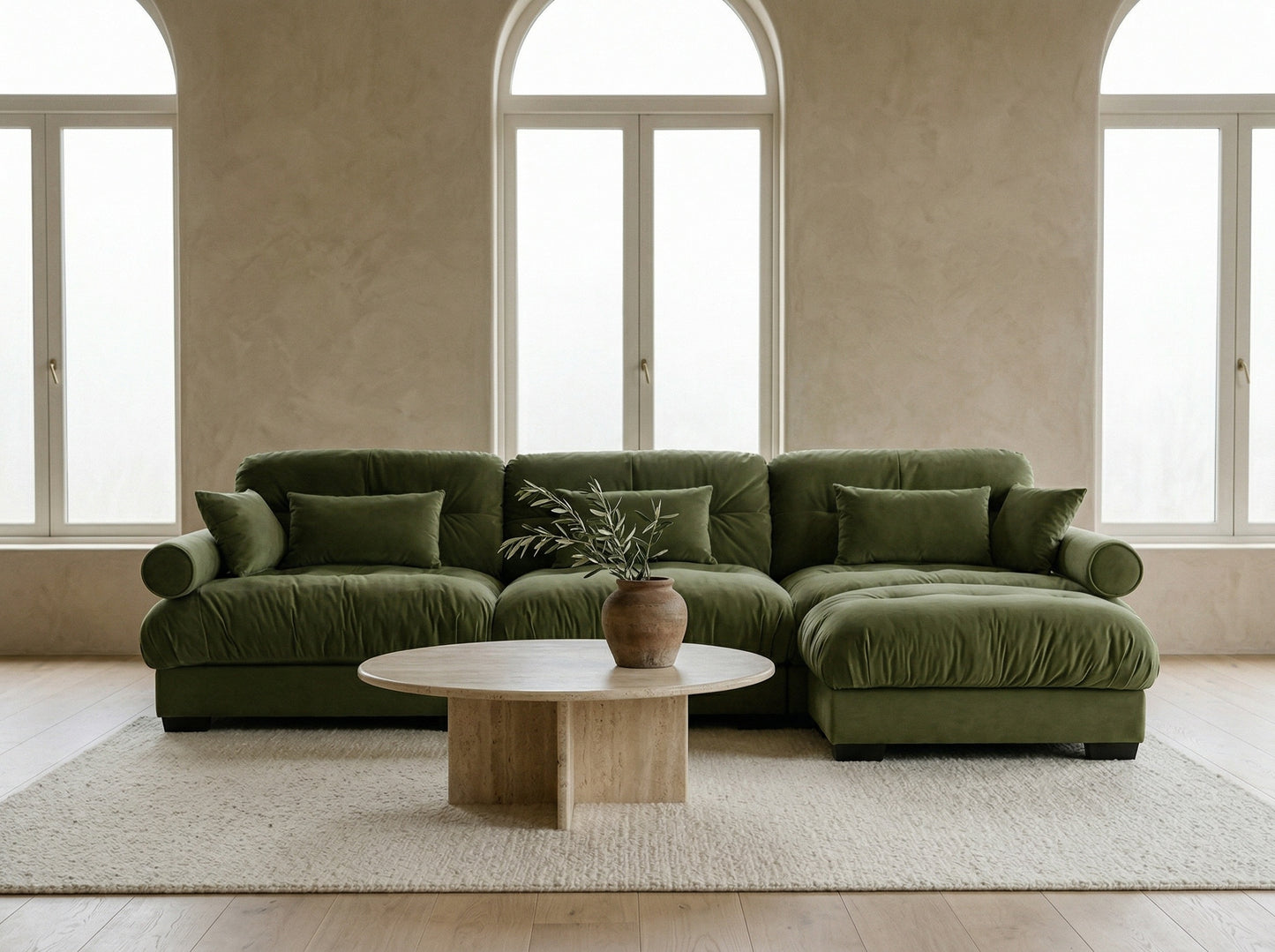 Dusklight Solace Sectional styled in cozy warm modern living room