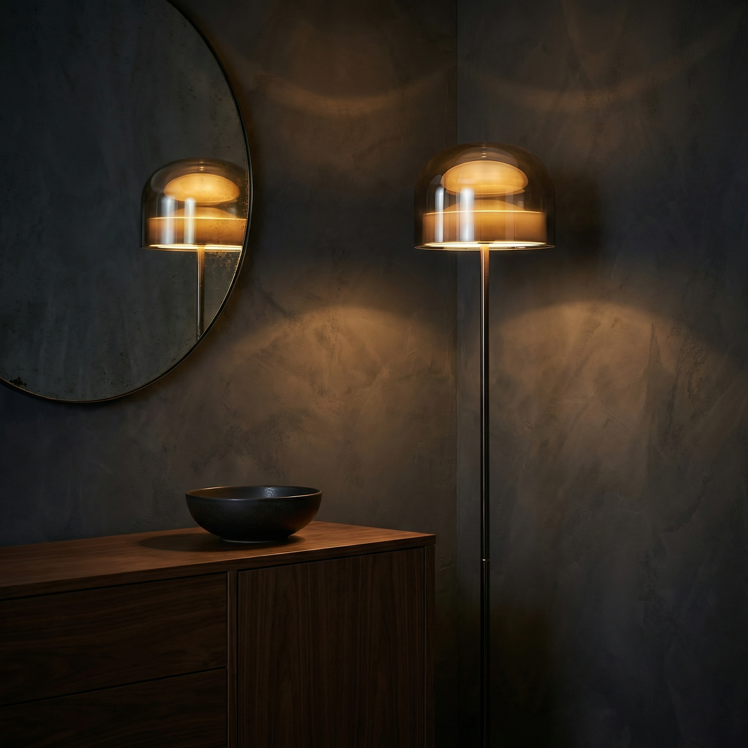 Dusklight Haze Floor Lamp with smoky glass shade and metallic stem