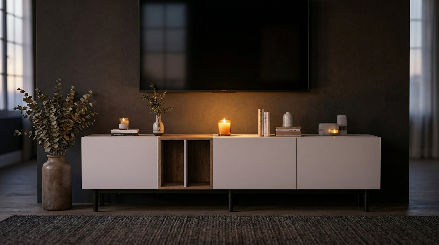 Dusklight Vale Media Console modern TV stand in warm living room