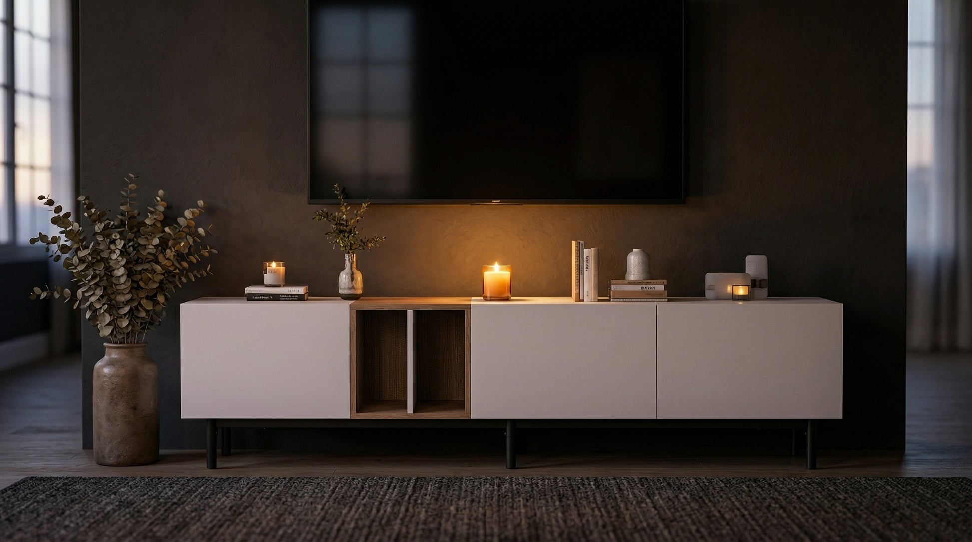 Dusklight Vale Media Console modern TV stand in warm living room