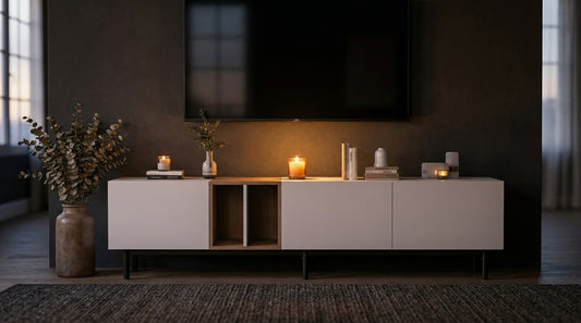 Dusklight Vale Media Console modern TV stand in warm living room