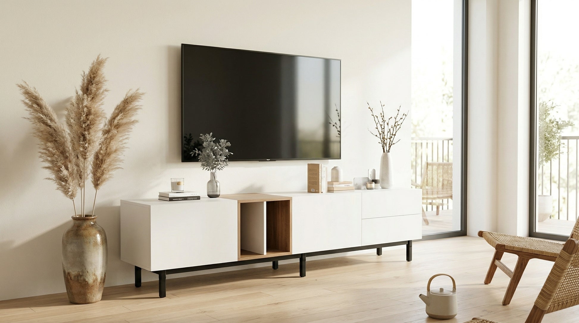 Dusklight Vale Media Console styled in warm minimalist interior setting