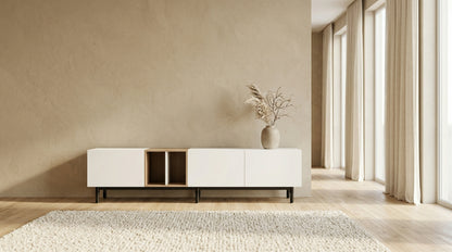 Vale Media Console modern media center in warm ambient room