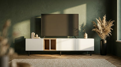 Vale Media Console modern entertainment center with warm tones