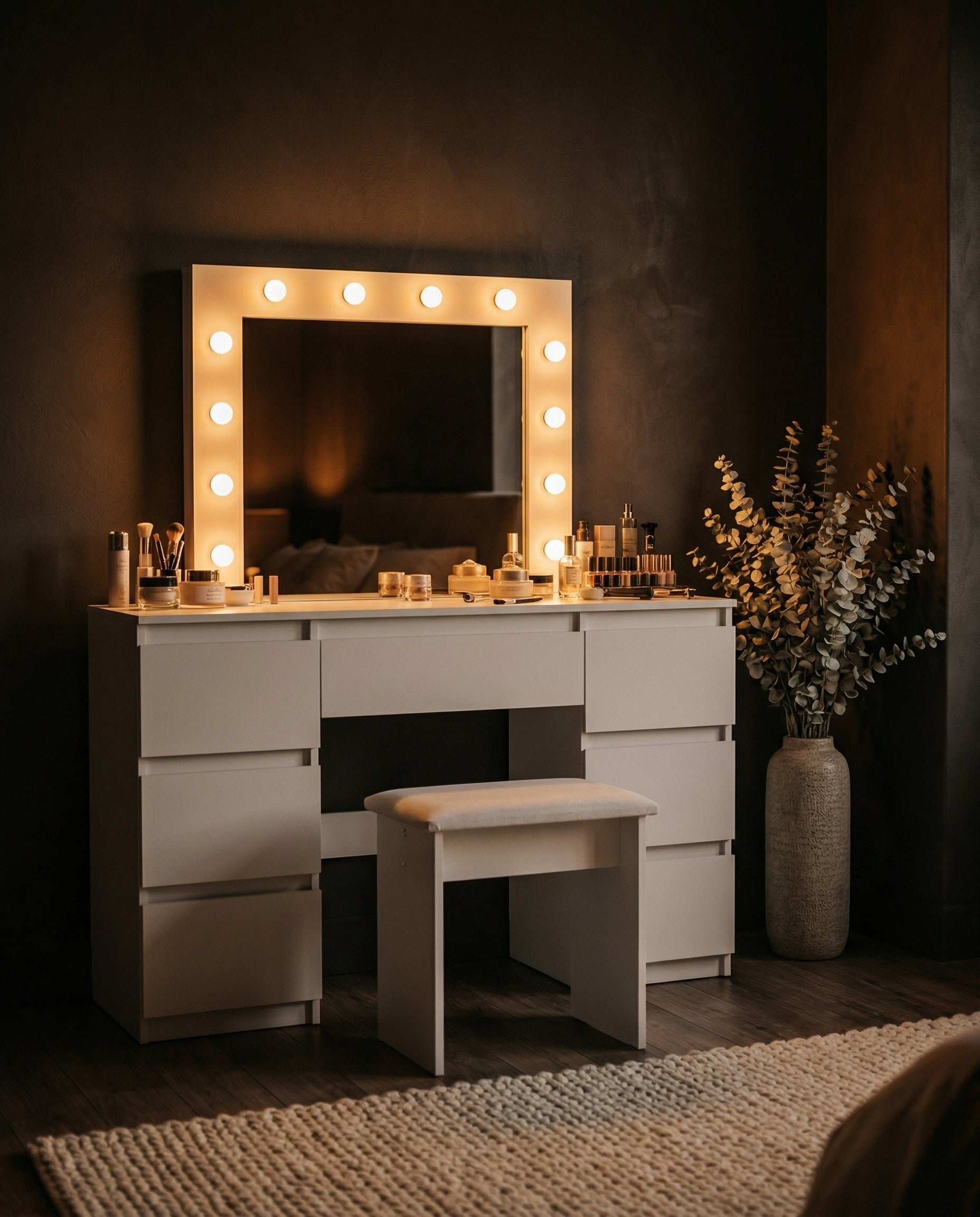 Dusklight Lumina Vanity table with lighted mirror in modern bedroom