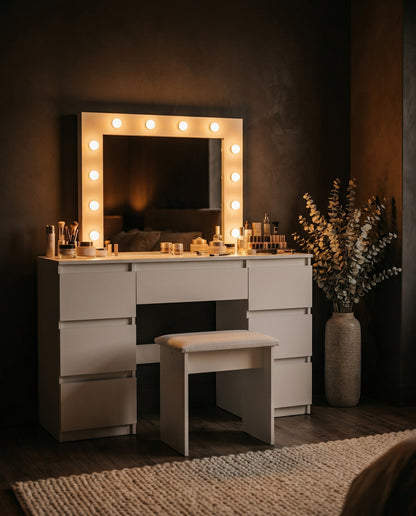 Dusklight Lumina Vanity table with lighted mirror in modern bedroom