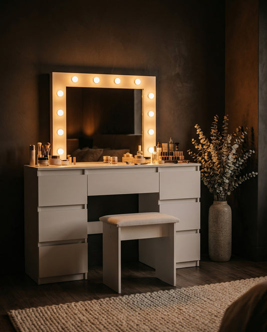 Dusklight Lumina Vanity table with lighted mirror in modern bedroom