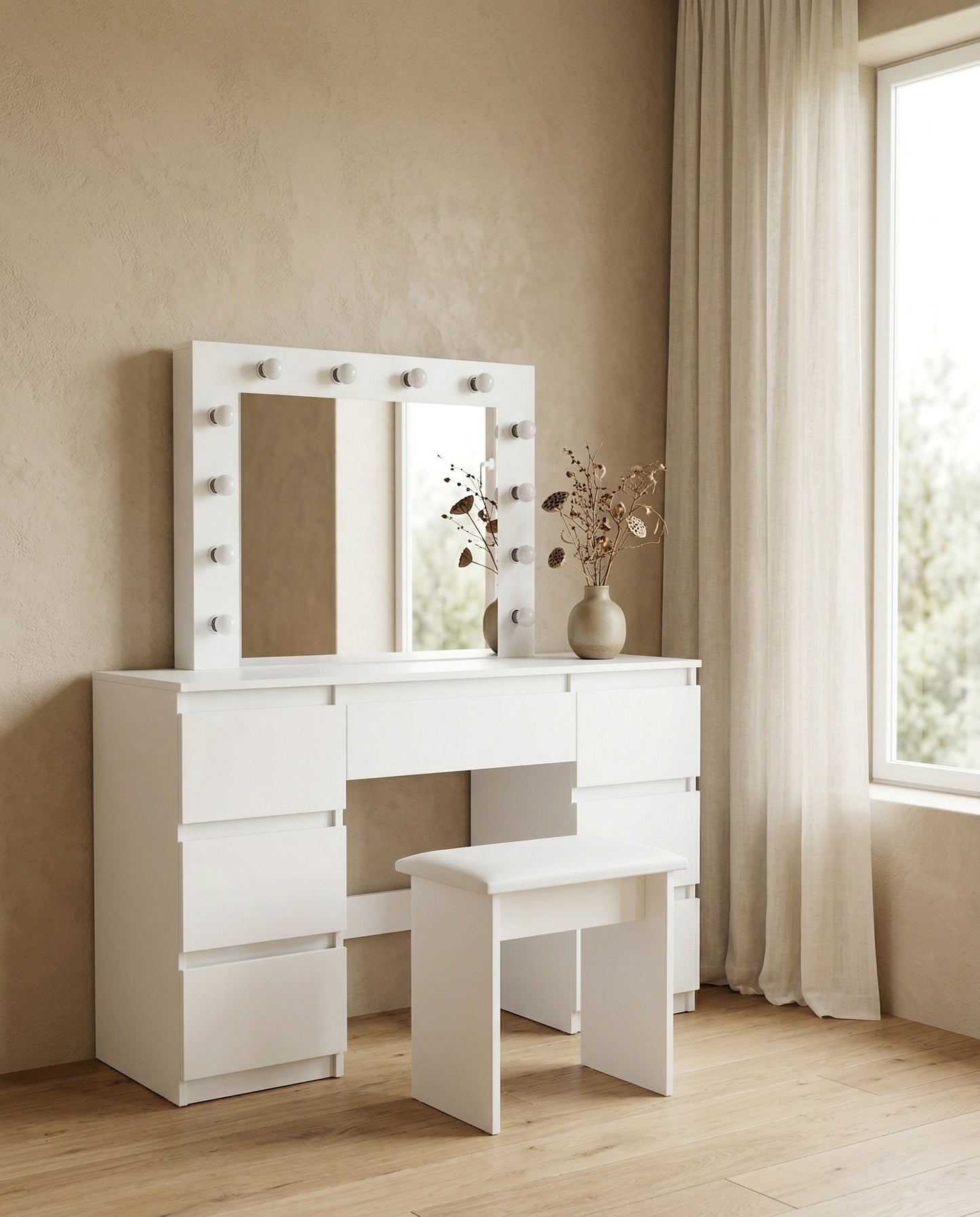 Lumina Vanity modern dressing table with mirror and warm lighting