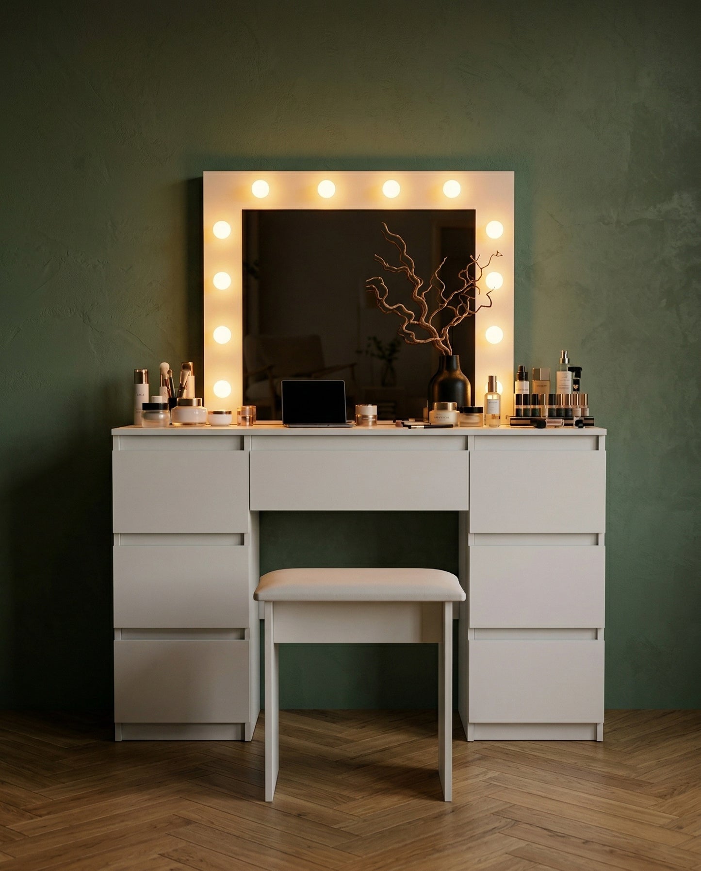 Lumina Vanity contemporary lighted vanity in warm modern bedroom