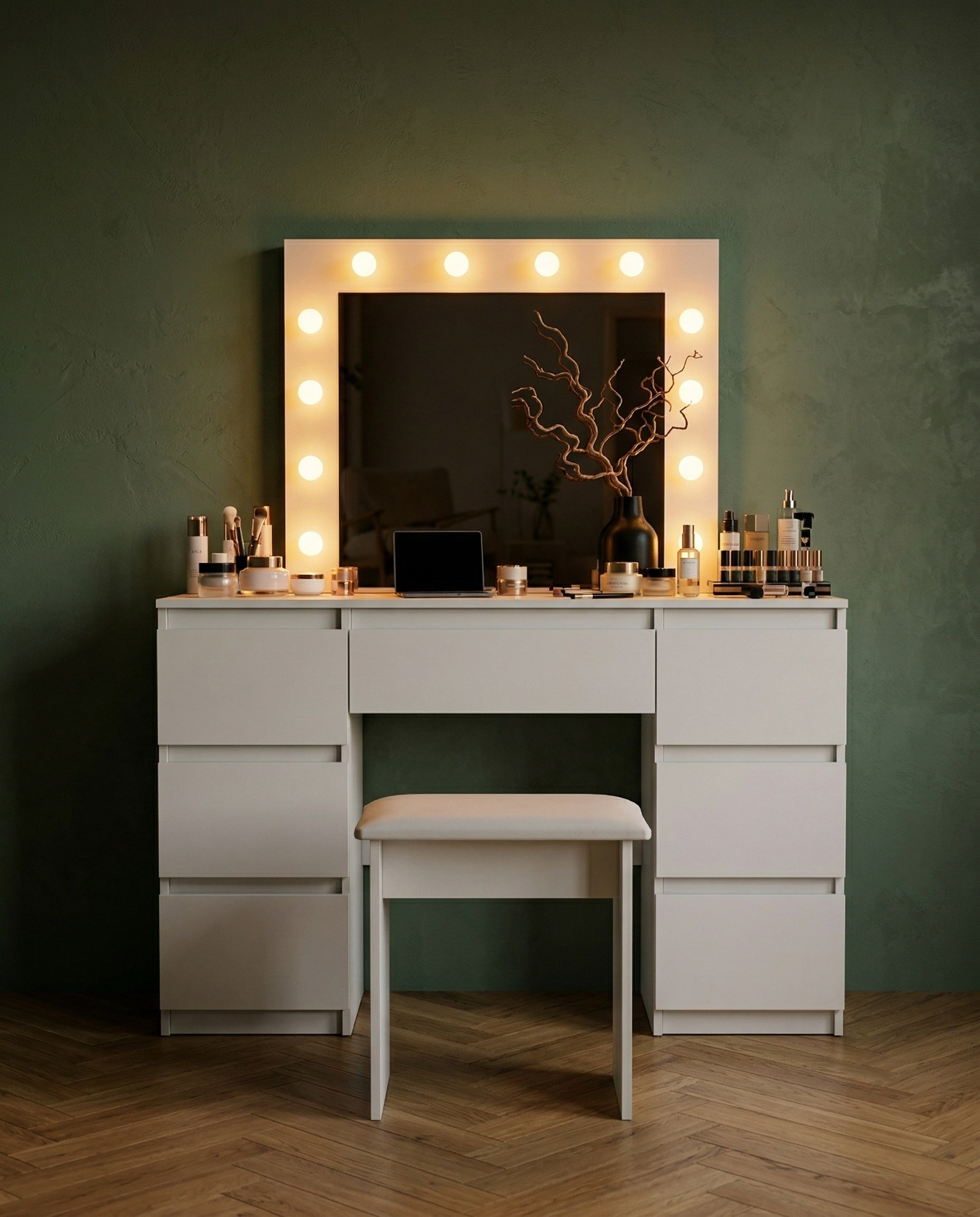 Lumina Vanity contemporary lighted vanity in warm modern bedroom