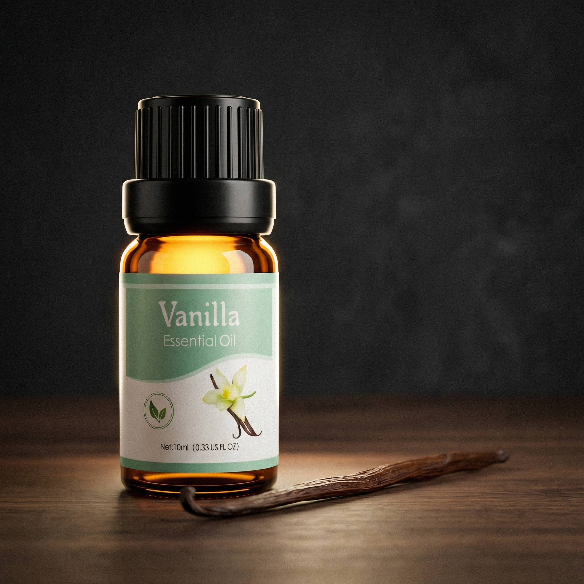 Dusklight Vanilla essential oil 10ml bottle on dark moody background