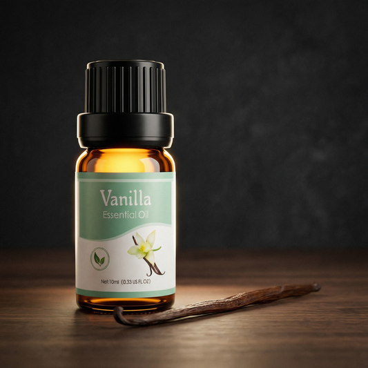 Dusklight Vanilla essential oil 10ml bottle on dark moody background