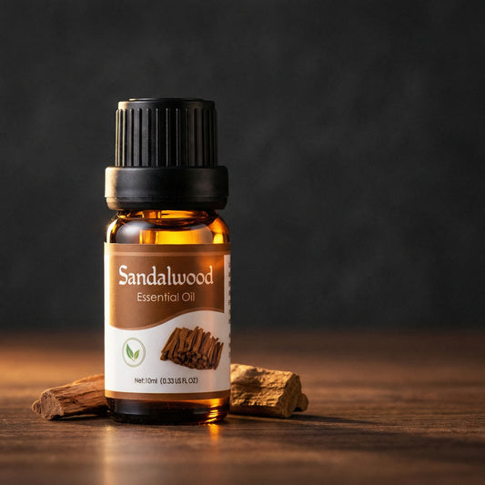 Dusklight Sandalwood essential oil 10ml bottle with sandalwood chips on dark wood