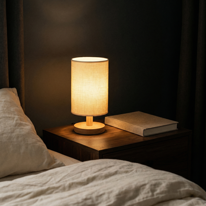Dusklight Linen Table Lamp | Dimmable Warm Bedside Lamp with Wood Base