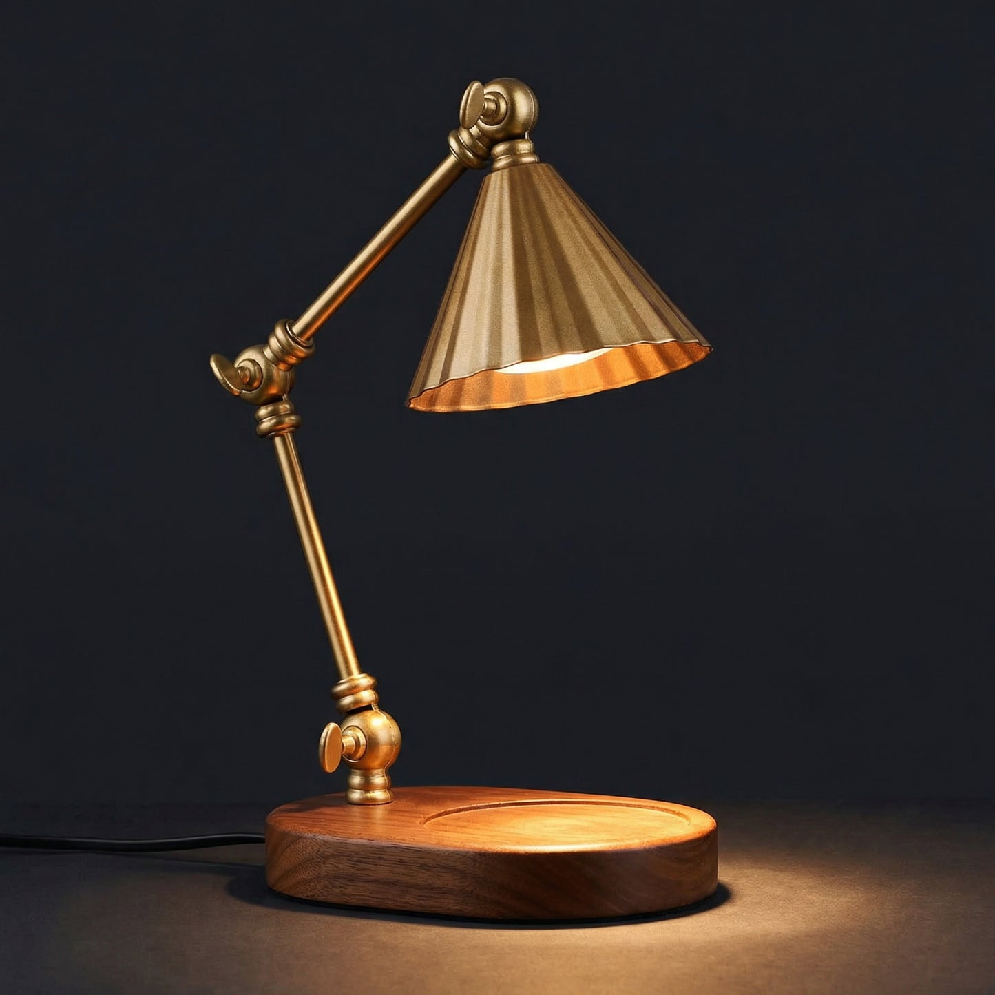 Hearthlight candle warmer lamp close-up showing adjustable brass arm and shade