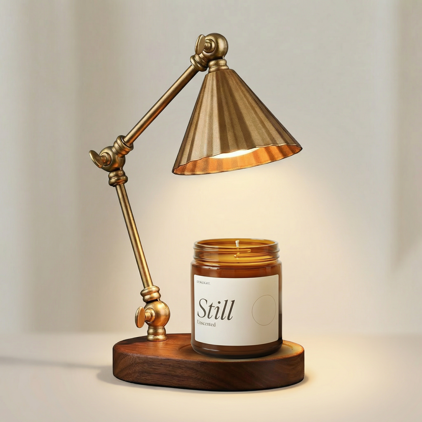 Dusklight Hearthlight warming a scented candle on a wooden nightstand