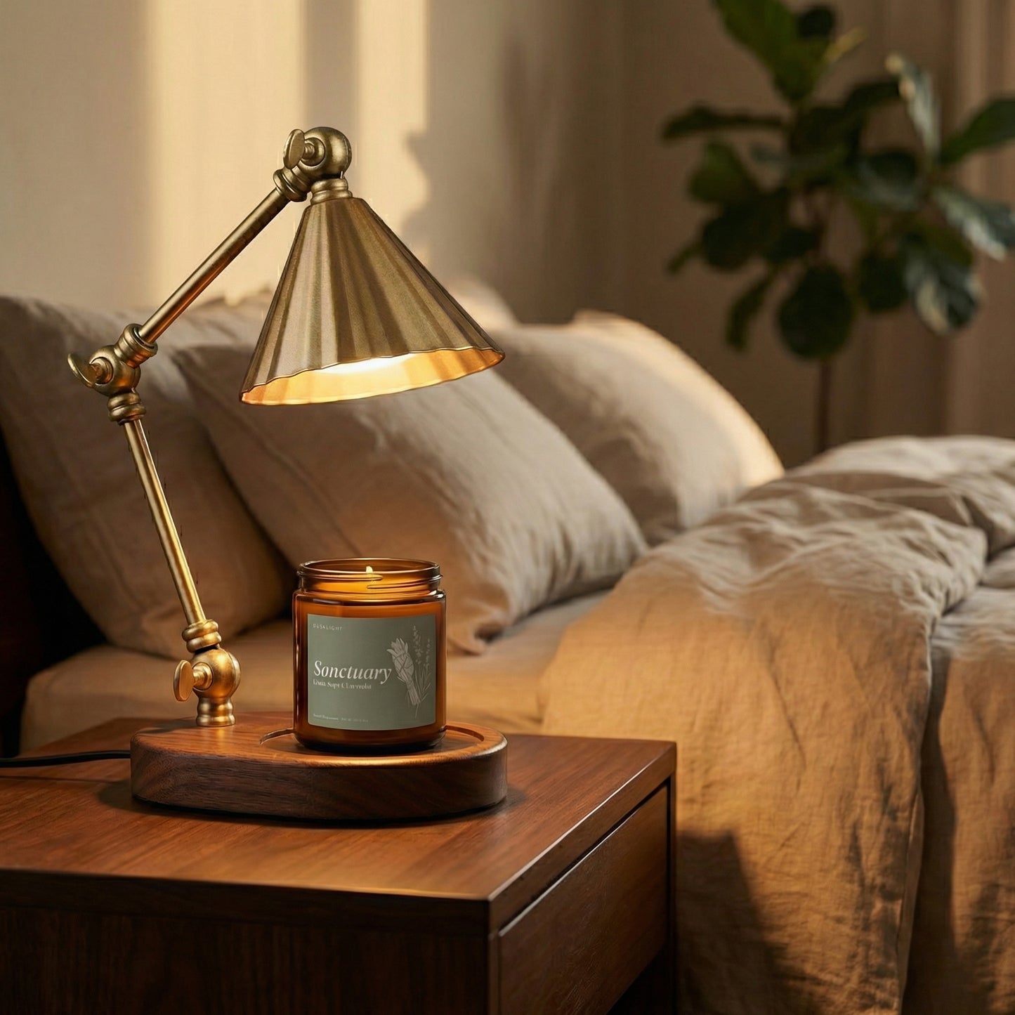 Hearthlight brass candle warmer lamp on a bedside table in a cozy bedroom