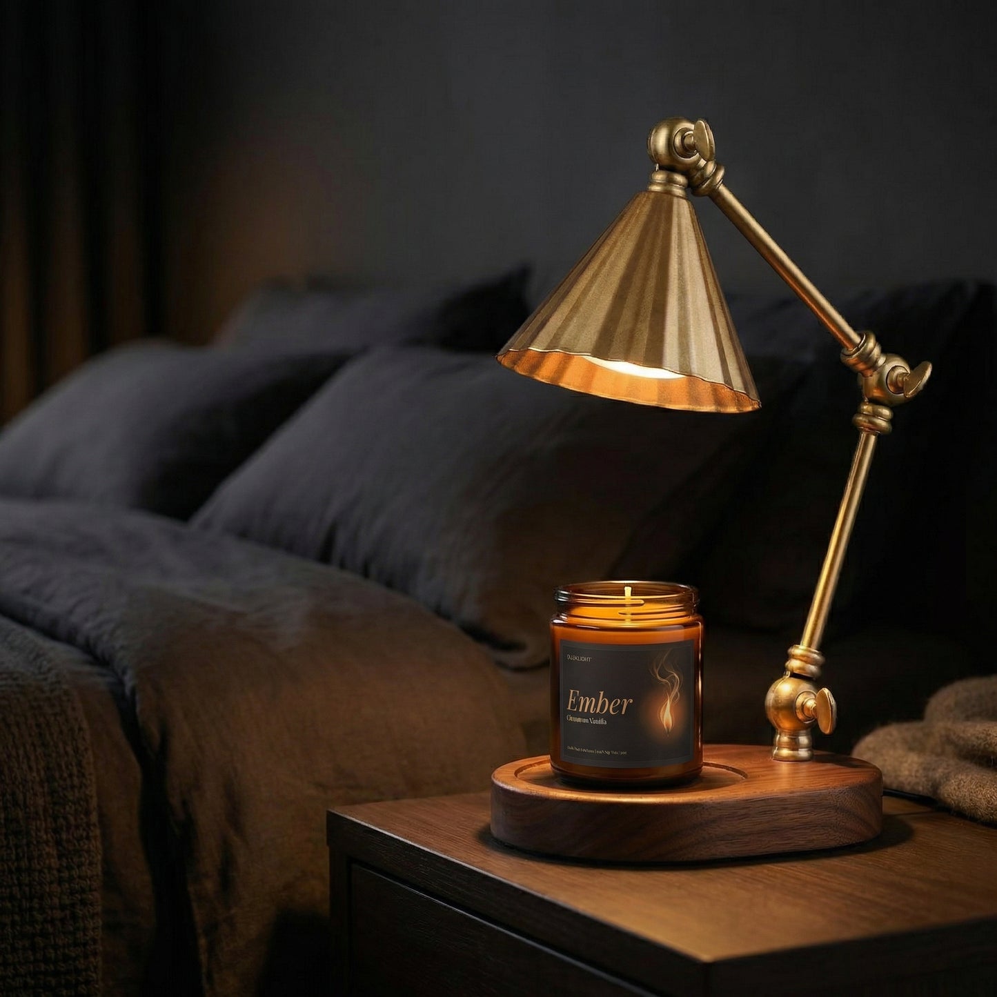 Dusklight Hearthlight brass lamp with candle on a dark moody background