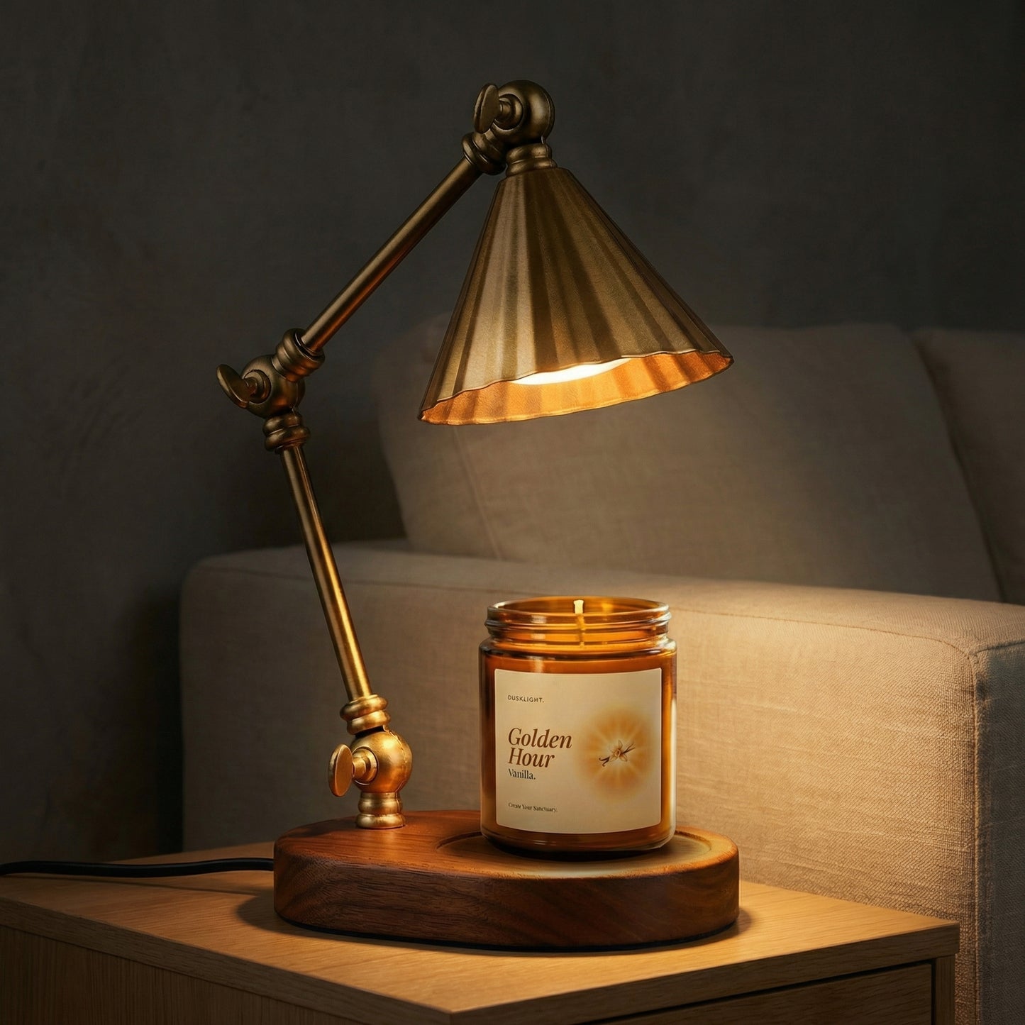 Dusklight Hearthlight brass candle warmer lamp warming a candle on wood base