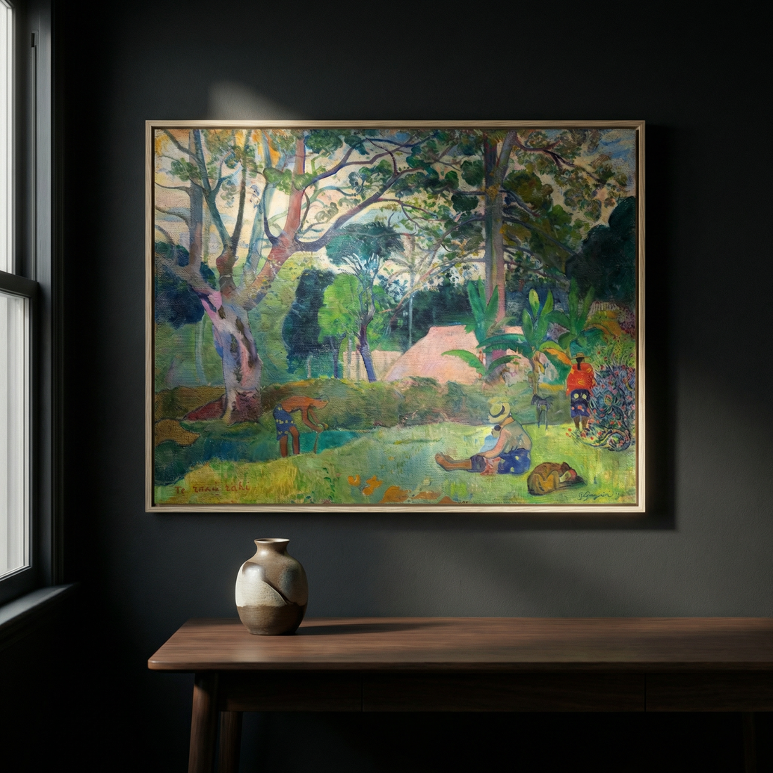 Dusklight archival giclée print of Te raau rahi (The Big Tree) by Paul Gauguin, Tahitian tropical landscape canvas art with lush greens for nature-inspired interiors