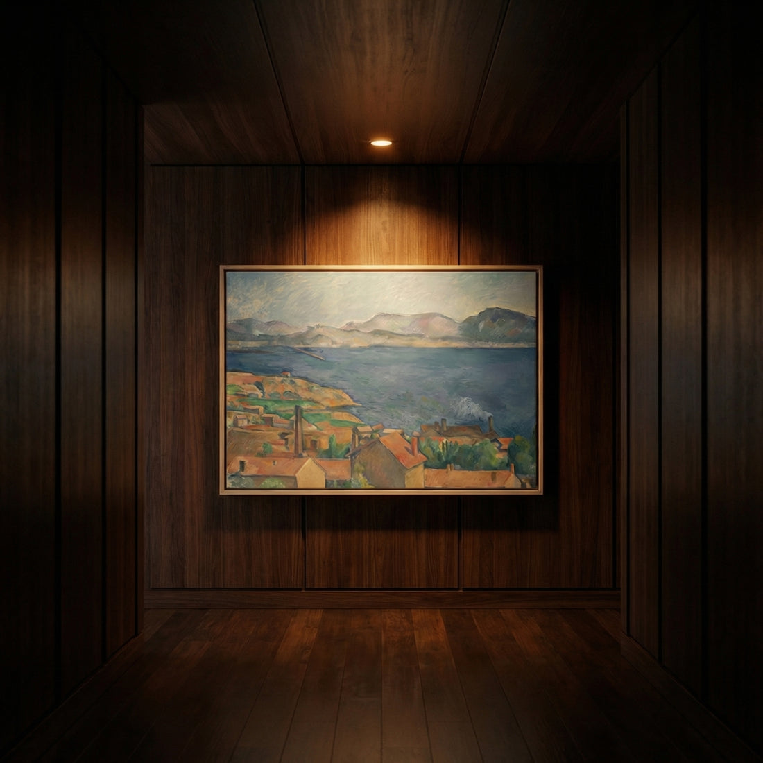 Dusklight museum-quality canvas print of The Bay of Marseille by Paul Cézanne, post-impressionist landscape wall art with Mediterranean blues for minimalist interiors