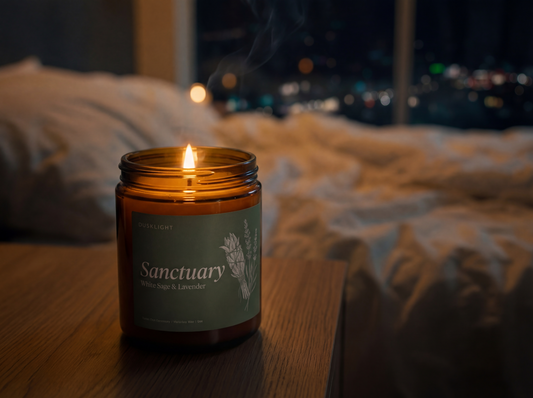 Dusklight Sanctuary white sage and lavender soy candle in amber jar