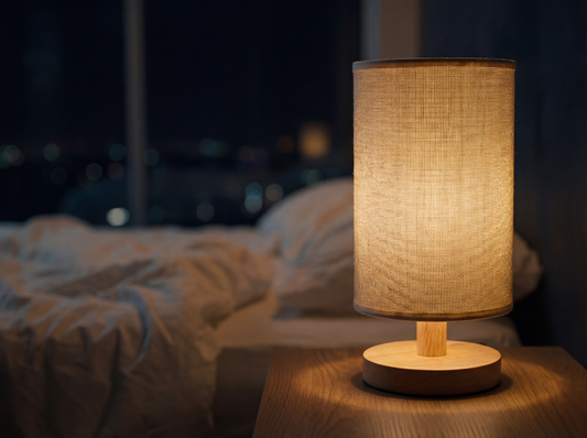 Dusklight Linen Table Lamp natural linen shade and wooden base warm glow